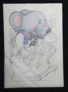 HAPPY BIRTHDAY Pencil Mouse Playing Cello 6x8.5 Greeting Card Art #018