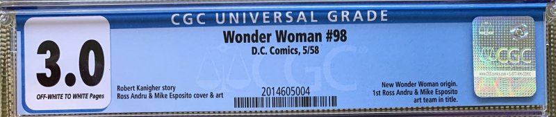 Wonder Woman #98 (1958) CGC 3.0 -- New Silver Age origin; 1st Andru & Esposito