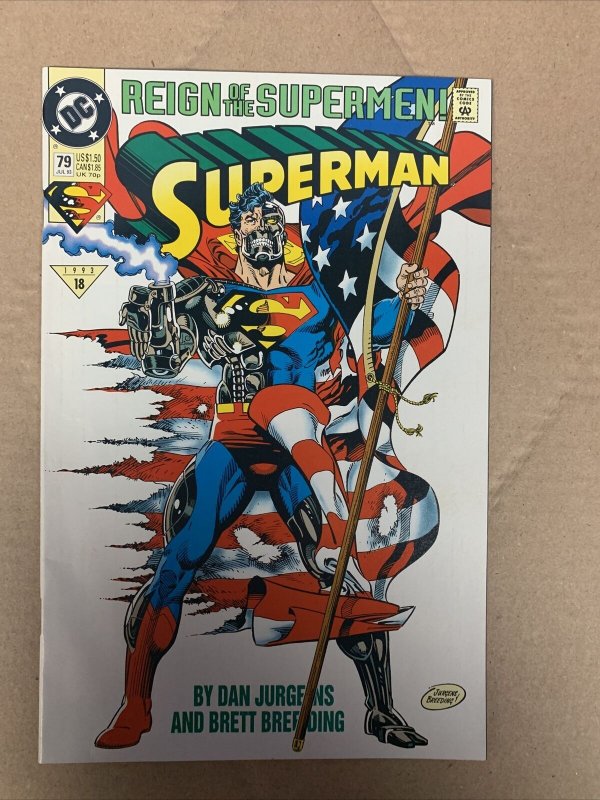 Superman #79 Iconic Flag Cover Jul 1993 Reign of the Supermen Cyborg 