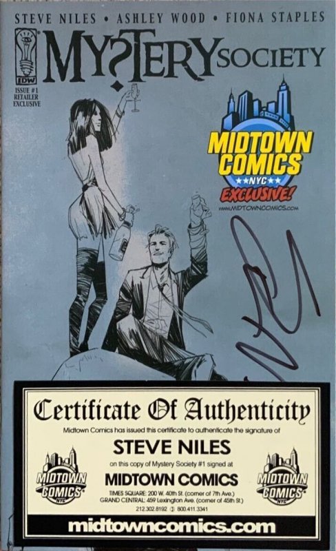 MYSTERY SOCIETY #1 MIDTOWN COMICS FIONA STAPLES COVER SIGNED STEVE NILES W/COA. 