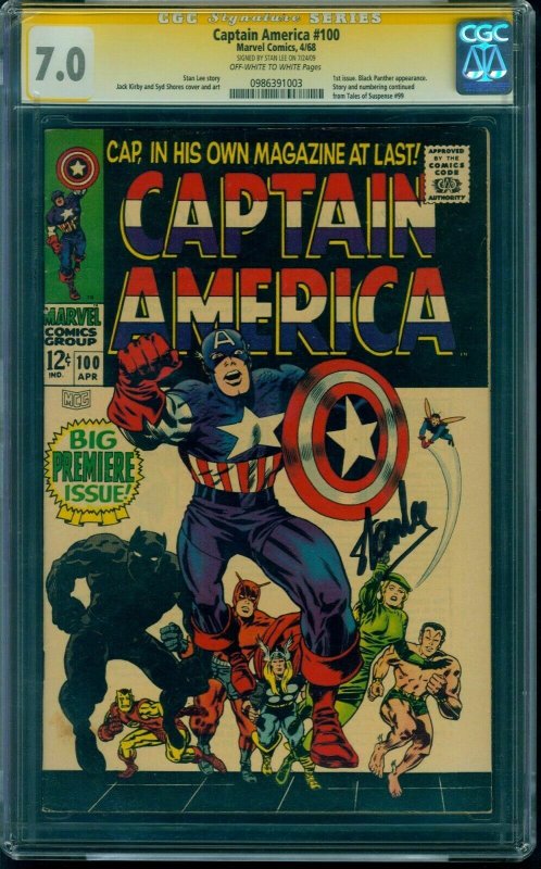 Captain America #100 CGC 7.0 OW SS Signature Series Signed by Stan Lee! 