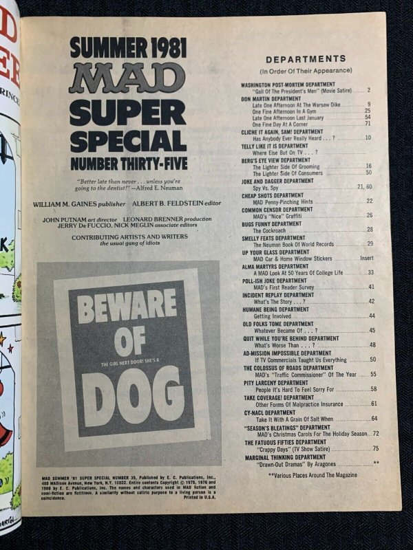 1981 MAD SUPER SPECIAL Magazine #35 VG 4.0 ith Window Stickers Insert