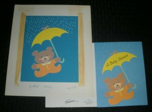 A BABY SHOWER Teddy Bear w Umbrella 7x8 Greeting Card Art #6117 