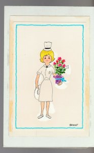 GET WELL SOON Cute Cartoon Nurse w/ Bedpan 6x9 Greeting Card Art #C9618