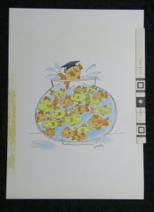 SCHOOL DAYS ARE OVER Cartoon Fish in Bowl w/ Cap 5.5x8 Greeting Card Art #G4354