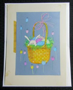 EASTER Cute White Bunny in Basket w/ Eggs 10x14 Greeting Card Art #E2846