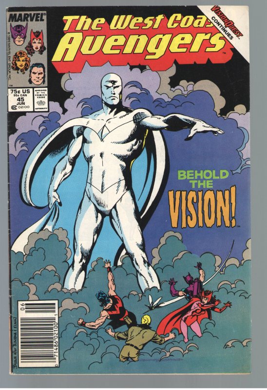 WEST COAST AVENGERS 45 F/VF;(1989) 1st APP COLORLESS VISION!