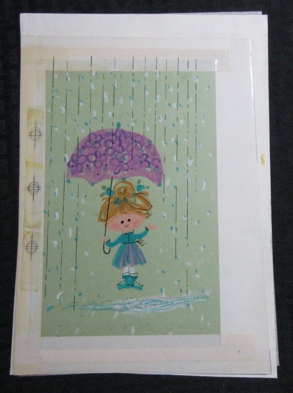 GET WELL SOON Cute Girl in Rain w/ Purple Umbrella 8x11 Greeting Card Art #C9608