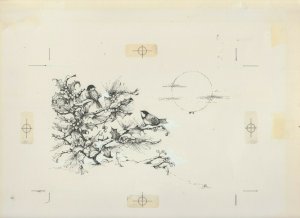 THANK YOU LORD Black & White Birds in Holly Bush 12x11 Greeting Card Art #nn