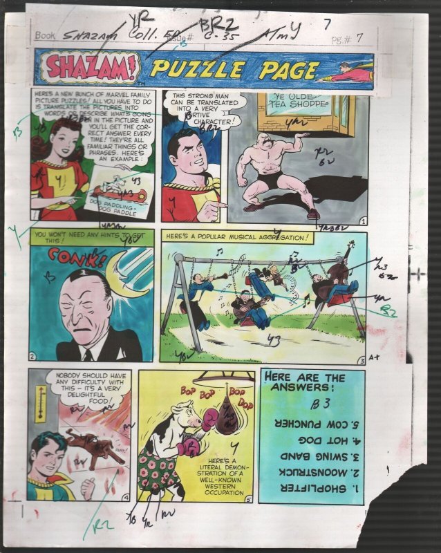 Hand Painted Color Guide-Capt Marvel-Shazam-C35-1975-DC-page #7-puzzle page-G/VG