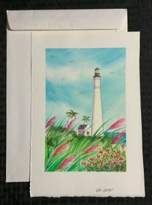 THINKING OF YOU Lighthouse w/ Pink Flowers 7.5x11 Greeting Card Art #0041