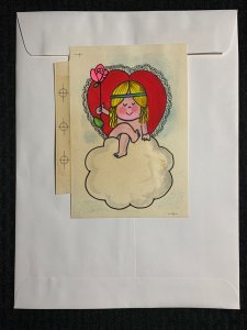 VALENTINES DAY Cartoon Girl on Cloud w/ Flower 5x7 Greeting Card Art V3551