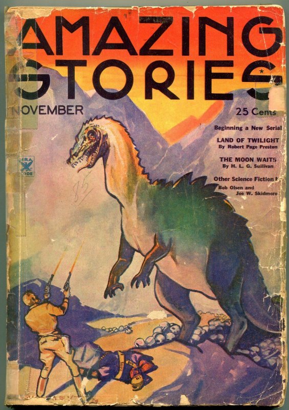 Amazing Stories Pulp November 1934- Dinosaur cover- poor