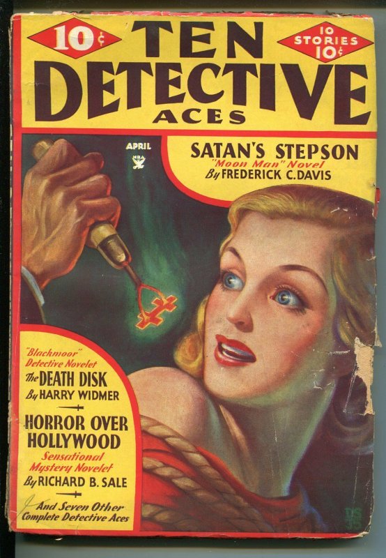 Ten Detective Aces  4/1935-Ace-bound blonde babe branded-teror pulp-De Soto-G/VG