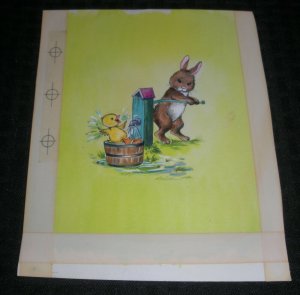 HAPPY EASTER Rabbit & Duckling Taking a Bath 6x7.5 Greeting Card Art #2209