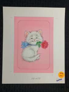 VALENTINES DAY White Kitten w/ Pink Rose 2pcs 7.5x9.25 Greeting Card Art #4081