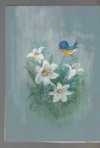 VERY SPECIAL Bluebird on Four White Daffodils 6x8.5 Greeting Card Art #E2973 