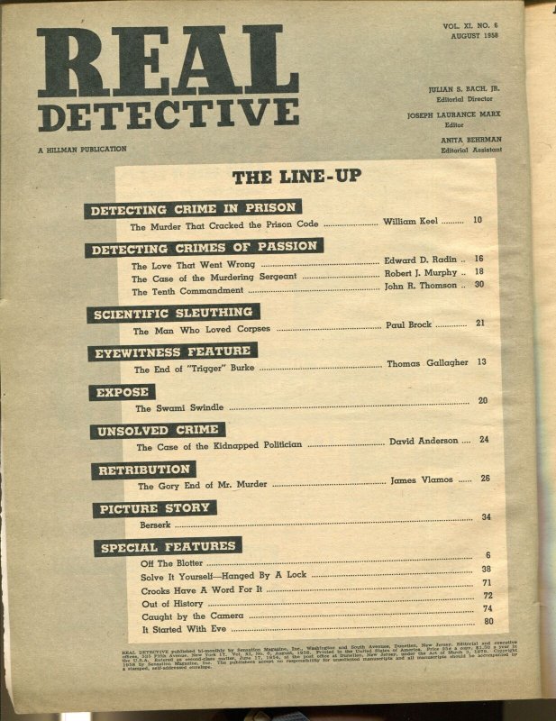 Real Detective 8/1958-Hillman-dope-prison murder-pulp crime-swami-FN-