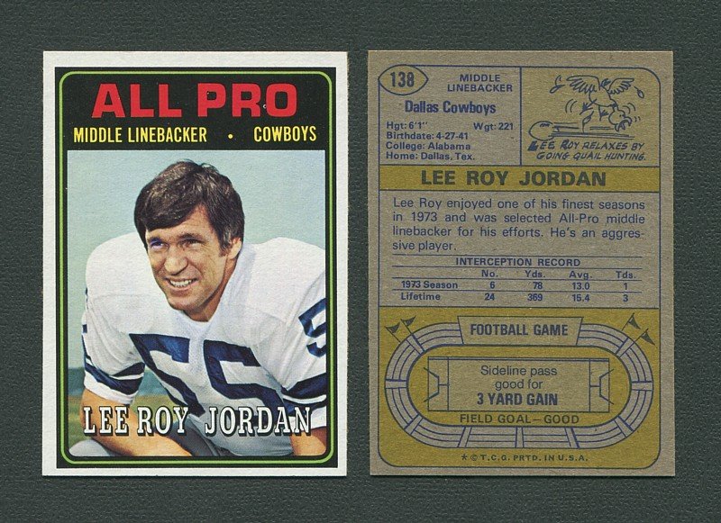 1974 Topps Football / Lee Roy Jordan #138 / NM-MT