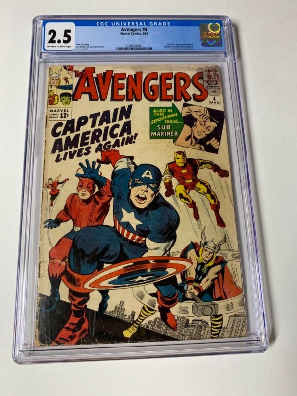 Avengers 4 Cgc 2.5 Ow/w Pages 1st Captain America Marvel Silver Age