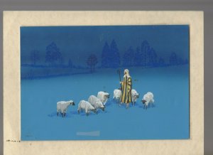 CHRISTMAS Blue Shepherd with Seven Sheep 9.5x6.5 Greeting Card Art #1002