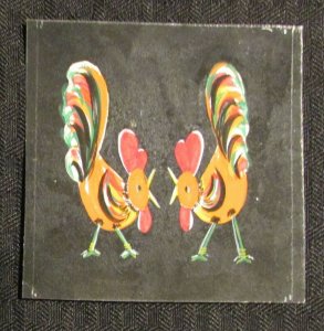 2 COLORFUL ROOSTERS w/ Black Background 3.5x3.5 Greeting Card Art #nn