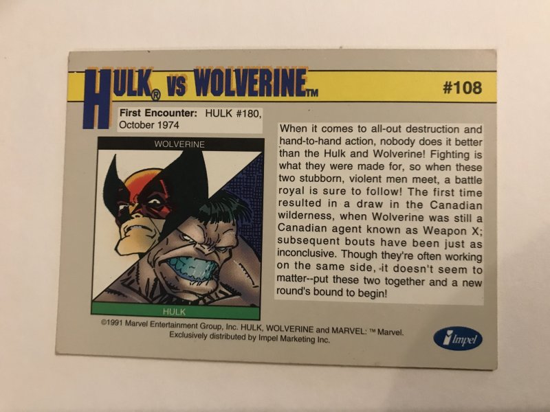 HULK VS. WOLVERINE #108 :  Marvel Universe 1991 Series 2 card; Impel, NM/M