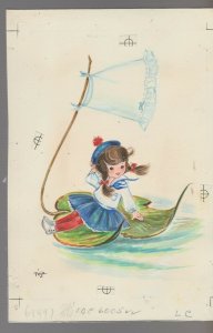 CUTE GIRL Sailing on Leaf w/ Apron for Sail 6.25x9.25 Greeting Card Art #C6005