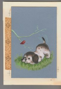 GET WELL SOON Cute Puppy Dog w/ Red Bird 5x7 Greeting Card Art #C6569