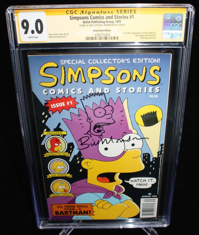 Simpsons Comics & Stories #1 (CGC 9.0) Signed & Sketched by Bill Morrison - 1993