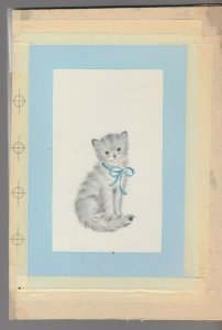 MISSING YOU Cute Grey Cat w/ Blue Ribbon 6.5x9 Greeting Card Art #M1434