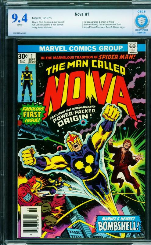 NOVA #1 cbcs 9.4 white pages First Nova Guardians of the Galaxy 1976 Marvel