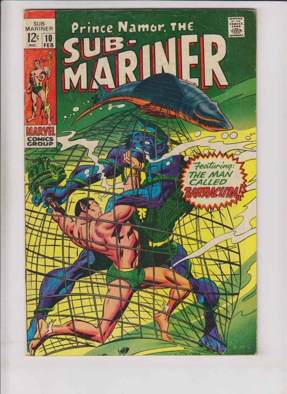 Sub-Mariner #10 FN february 1969 - prince namor vs barracuda - roy thomas  colan