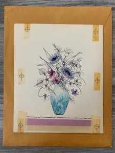WISH FOR YOUR HAPPINESS TODAY Blue & Pink Flowers 7x9 Greeting Card Art B8401