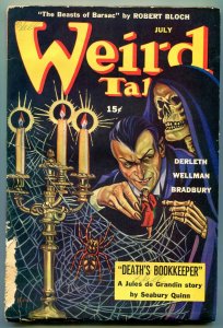 Weird Tales Pulp July 1944- Death's Bookkeeper- Jules de Grandin- Skull cover