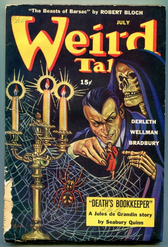 Weird Tales Pulp July 1944- Death's Bookkeeper- Jules de Grandin- Skull cover 