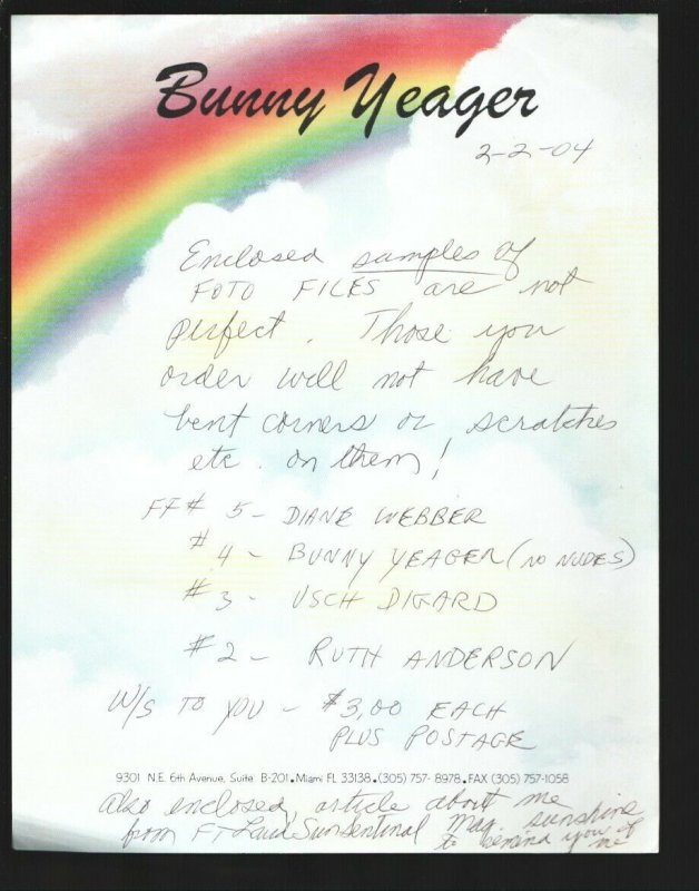 Bunny Yeager 2 Page Hand Written List of Sale Items 2/3/2004-Historic pin-up ... 