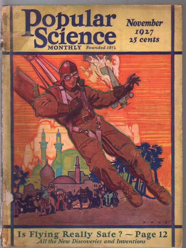 Popular Science 11/1927-Is Flying Safe-parachute plane crash-pulp fiction-FR