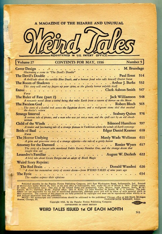 Weird Tales Pulp May 1936- Faceless God, Devils Double reading copy