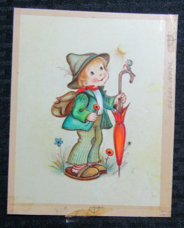 MOTHERS DAY Cute Boy with Bird & Umbrella 5.5x7 Greeting Card Art #1757