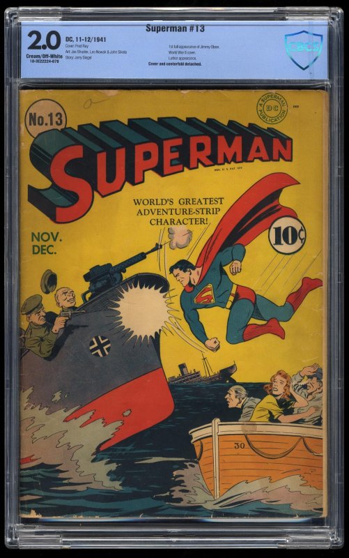 Superman #13 CBCS GD 2.0 Cream To Off White WWII Action Cover!