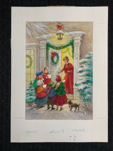 CHRISTMAS Children Carolling at Door 6.5x9 Greeting Card Art #X002 w/ 4 Cards