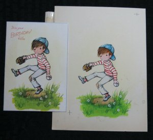 ITS YOUR BIRTHDAY FELLA Cute Boy Playing Baseball 6x8 Greeting Card Art #B1152