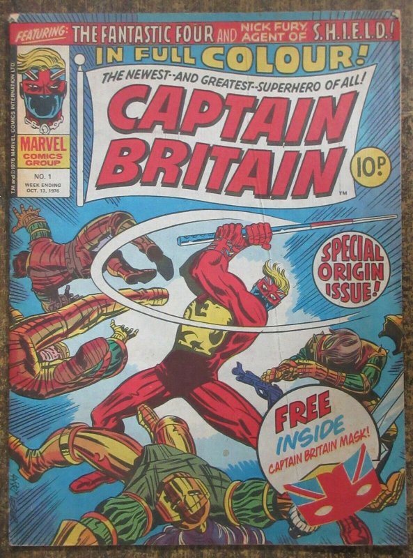 CAPTAIN BRITAIN #1 (Marvel UK, 10/1976) VG NO MASK- BACK COVER TEAR/STAIN FCfold
