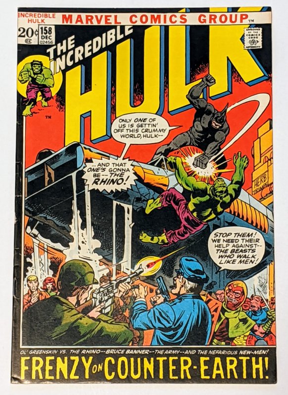 The Incredible Hulk #158 (Dec 1972, Marvel) VG/FN 5.0 Rhino appearance