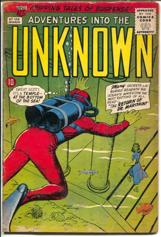 Adventures Into The Unknown #106 1959-ACG-dinosaur story-Ogden Whitney-VG