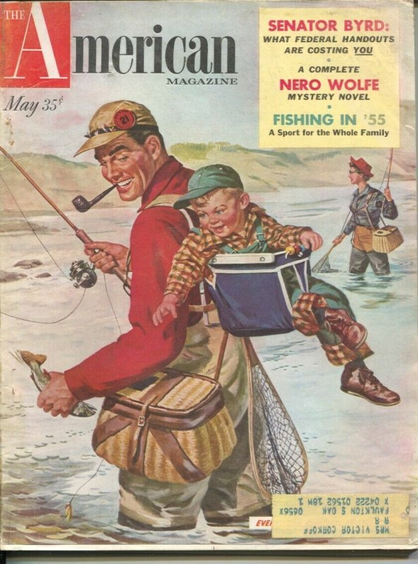 American Magazine 5/1955-fishing cover-Nero Wolfe-Rex Stout pulp fiction-clas...