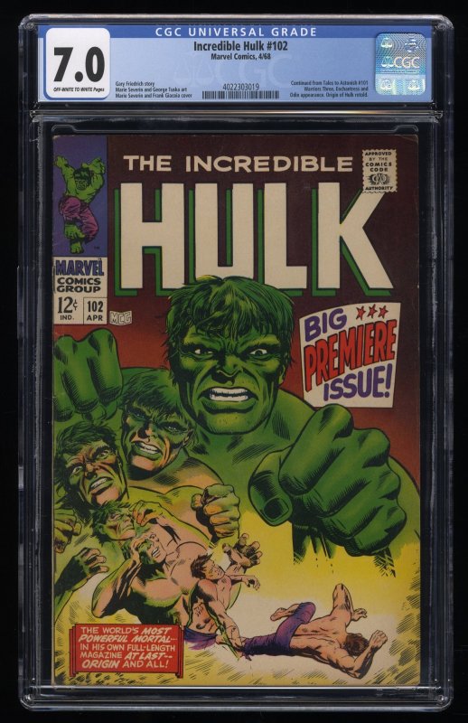 Incredible Hulk #102 CGC FN/VF 7.0 Off White to White Continued from Tales 101!
