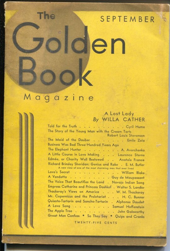 Golden Book 9/1931-text cover-pulp size format-Willa Cather-VG