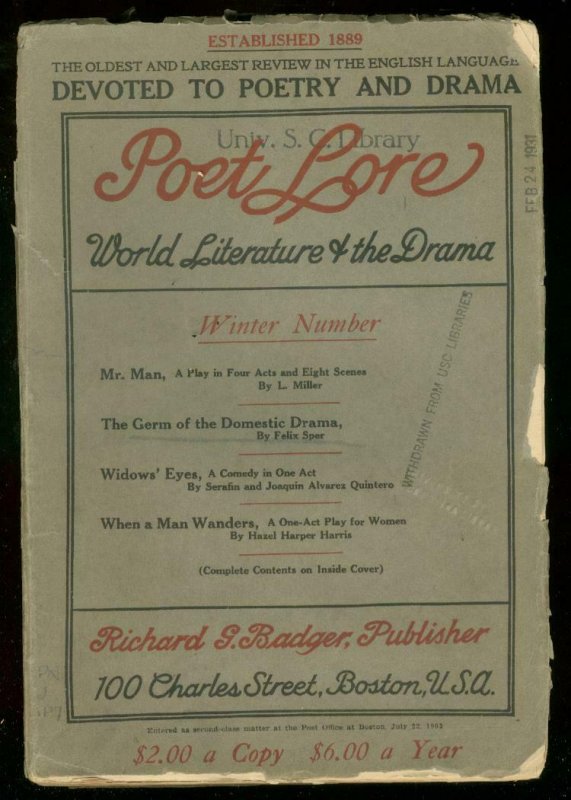 POET LORE WINTER 1929-LITERATURE PULP-RARE VG